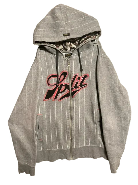 Vintage Y2K Split Skateboard Co. Pinstripe Quilted Full-zip Hoodie Grey Large